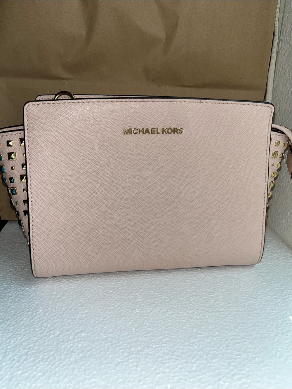 Michael Kors Blush Pink Saffiano Crossbody with Gold Stud Accents